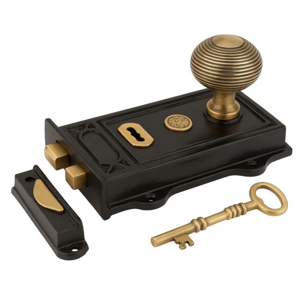 Victorian Rim Lock Set with Key & Knob Black/Brass